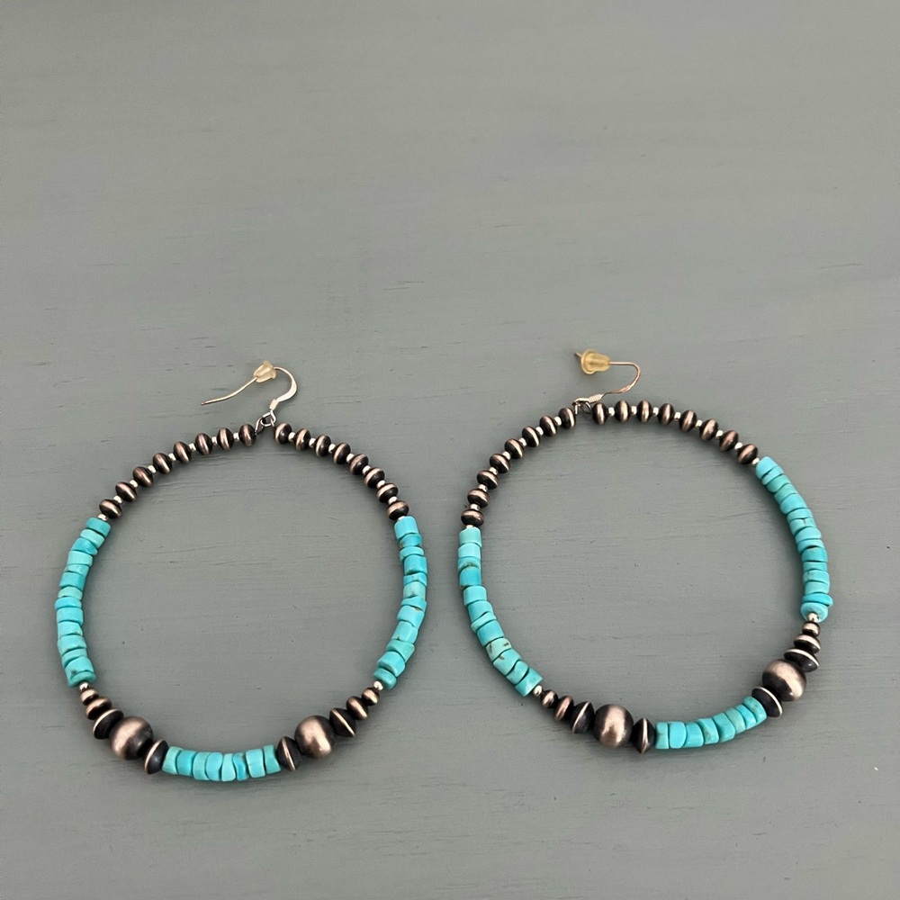 Turquoise and Silver Beaded Hoop Earrings